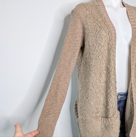 Anthro Sleeping On Snow tan cream cotton wool blend open cardigan sweater S - Picture 6 of 11